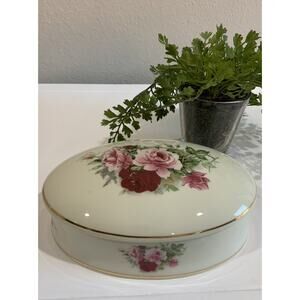 Vtg Baun Bros Porcelain Oval Gold Trim Floral Pink Rose Trinket Dish Jewelry Lid